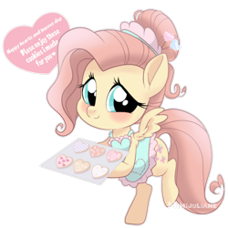 Size: 1024x1024 | Tagged: safe, artist:mimijuliane, fluttershy, pegasus, pony, alternate hairstyle, apron, baking sheet, baking tray, bipedal, blushing, clothes, cookie, cute, female, food, hair bun, hearts and hooves day, hearts and hooves day cards, holding, holiday, looking at you, mare, outline, shyabetes, simple background, smiling, solo, spread wings, three quarter view, transparent background, valentine's day, white outline, wings