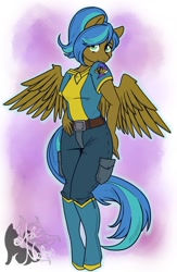 Size: 1024x1569 | Tagged: safe, artist:therealakineko, oc, oc only, anthro, pegasus, unguligrade anthro, abstract background, belt, boots, clothes, commission, cutie mark clothes, female, jewelry, necklace, pouch, shoes, shy, solo, spread wings, uniform, wings