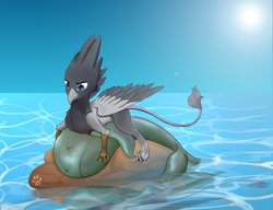 Size: 1300x1000 | Tagged: safe, oc, oc only, oc:vax, fish, griffon, fishing, hungry, hunting, ocean, sky