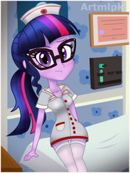 Size: 1800x2389 | Tagged: safe, artist:artmlpk, sci-twi, twilight sparkle, equestria girls, adorable face, adorkable, alternate hairstyle, bed, blushing, breasts, cleavage, clothes, costume, cute, design, digital art, diploma, dork, female, hat, hospital, hospital bed, looking at you, nurse, nurse hat, nurse outfit, outfit, poster, room, socks, solo, twiabetes
