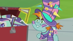 Size: 1920x1080 | Tagged: safe, screencap, snips, pony, 2 4 6 greaaat, dollar sign eyes, flag, hat, magic, solo, wingding eyes