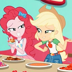 Size: 463x463 | Tagged: safe, applejack, pinkie pie, better together, choose your own ending, equestria girls, tip toppings, tip toppings: applejack, applejack's hat, candy, cowboy hat, duo, duo female, female, food, froyo, frozen yogurt, fruit, geode of sugar bombs, geode of super strength, hat, icon, magical geodes, toppings