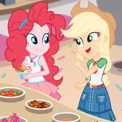 Size: 324x324 | Tagged: safe, screencap, applejack, pinkie pie, better together, choose your own ending, equestria girls, tip toppings, tip toppings: applejack, clothes, denim skirt, duo, duo female, female, froyo, frozen yogurt, skirt