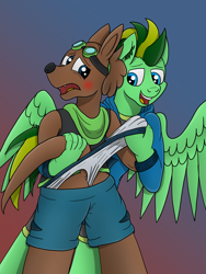 Size: 3024x4032 | Tagged: safe, artist:tacomytaco, oc, oc only, oc:taco.m.tacoson, oc:ziggy, anthro, otter, pegasus, pony, blushing, briefs, clothes, goggles, gradient background, hand, hoodie, hug, male, pain, shorts, spread wings, underwear, wedgie, wings