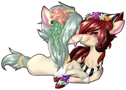 Size: 2580x1850 | Tagged: safe, artist:mcwolfity, oc, oc only, earth pony, pony, :p, blushing, chest fluff, clothes, earth pony oc, eye clipping through hair, eyes closed, female, floral head wreath, flower, flower in hair, freckles, mare, oc x oc, prone, scarf, shipping, simple background, tongue out, transparent background, unshorn fetlocks