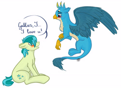 Size: 5134x3756 | Tagged: safe, artist:senya, gallus, sandbar, earth pony, griffon, pony, caption, gallbar, gay, image macro, male, paws, shipping, text