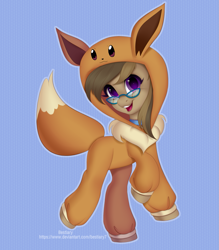 Size: 1395x1594 | Tagged: safe, artist:bestiary, oc, oc only, oc:dawnsong, earth pony, pony, clothes, collar, costume, cute, daaaaaaaaaaaw, eevee, female, glasses, kigurumi, mare, ocbetes, pokémon, pokémon hoodie, simple background, solo, ych result