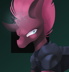Size: 758x799 | Tagged: safe, artist:lolgaleo, tempest shadow, pony, abstract background, broken horn, glowing horn, horn, scowl, solo