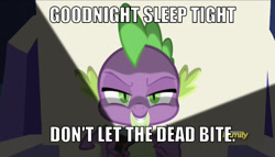 Size: 638x364 | Tagged: safe, edit, edited screencap, editor:undeadponysoldier, screencap, spike, dragon, dungeons and discords, caption, castle, dead bite, discovery family logo, evil grin, female, flashlight (object), grin, hollywood undead, image macro, looking at you, lyrics, male, smiling, solo, song reference, talking to viewer, text