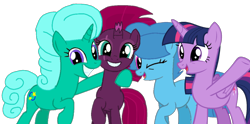 Size: 1920x954 | Tagged: safe, alternate version, artist:徐詩珮, fizzlepop berrytwist, glitter drops, spring rain, tempest shadow, twilight sparkle, twilight sparkle (alicorn), alicorn, pony, unicorn, background removed, broken horn, female, glitterlight, glittershadow, horn, lesbian, mare, polyamory, shipping, simple background, sprglitemplight, springdrops, springlight, springshadow, springshadowdrops, tempestlight, transparent background