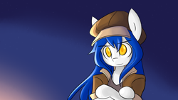 Size: 3840x2160 | Tagged: safe, artist:spheedc, oc, oc only, oc:light chaser, earth pony, semi-anthro, blue hair, clothes, crossed arms, digital art, female, golden eyes, hat, mare, sky, solo, stars