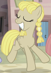 Size: 524x742 | Tagged: safe, screencap, pegasus, pony, the cutie map, animation error, cropped, cult, dancing, eyes closed, fake smile, female, in our town, mare, offbeat, our town, smiling, solo focus, wide smile