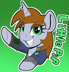 Size: 1944x2048 | Tagged: safe, artist:party__like, artist:partylikeanartist, oc, oc only, oc:littlepip, pony, unicorn, fallout equestria, absurd resolution, clothes, eye clipping through hair, fanfic, fanfic art, female, gradient background, grin, hooves, horn, looking at you, mare, pipboy, pipbuck, smiling, solo, vault suit