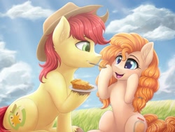Size: 1024x768 | Tagged: safe, artist:novaintellus, bright mac, pear butter, earth pony, pony, apple, apple pie, brightabetes, brightbutter, cute, female, food, male, mare, mouth hold, pearabetes, picnic, pie, scenery, shipping, sitting, smiling, stallion, straight