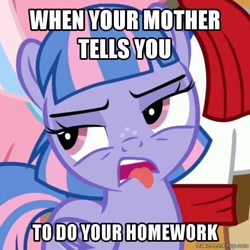 Size: 606x606 | Tagged: safe, edit, edited screencap, screencap, clear sky, quibble pants, wind sprint, pegasus, pony, common ground, caption, cropped, disgusted, female, filly, gagging, image macro, meme, text, tongue out