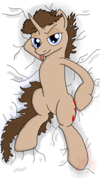 Size: 720x1280 | Tagged: safe, artist:powerlessblade, derpibooru exclusive, oc, pony, bed, bedroom eyes, bedsheets, looking at you, lying down, solo, tongue out