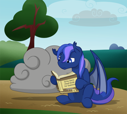 Size: 948x851 | Tagged: safe, artist:ravenpuff, oc, oc only, bat pony, pony, bat pony oc, book, cloud, male, reading, sitting, solo, stallion