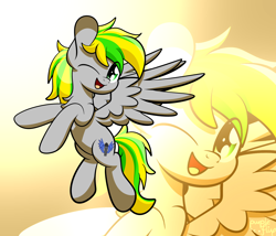 Size: 3500x3000 | Tagged: safe, artist:kimjoman, oc, oc only, pegasus, pony, commission, cute, flying, gradient background, looking at you, male, one eye closed, simple background, smiling, solo, spread wings, wings, wink, zoom layer