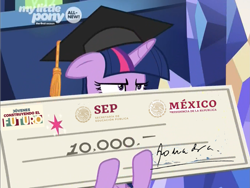 Size: 1499x1125 | Tagged: safe, edit, edited screencap, screencap, twilight sparkle, twilight sparkle (alicorn), alicorn, pony, the beginning of the end, cursed, giant check, graduation cap, hat, mexico, peso, shitposting, solo, spanish, unamused