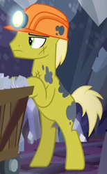 Size: 440x715 | Tagged: safe, screencap, earth pony, pony, the point of no return, background pony, blank flank, cropped, gold digger (character), helmet, male, miner, mining helmet, solo, stallion