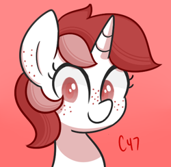 Size: 489x477 | Tagged: safe, artist:handgunboi, oc, oc only, oc:ruby, pony, unicorn, bust, commission, digital art, freckles, simple background, solo