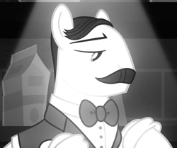 Size: 645x540 | Tagged: safe, screencap, pony, sparkle's seven, bowtie, cropped, facial hair, grayscale, juice jackie, lidded eyes, male, monochrome, moustache, solo, stallion, unnamed pony, waiter