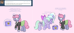 Size: 1496x665 | Tagged: safe, artist:carnifex, cloudchaser, flitter, oc, oc:velvet, pegasus, pony, unicorn, ask, ask velvet, bow, clothes, dialogue, eyes closed, female, glowing horn, horn, laughing, magic, mare, pink background, plaid skirt, raised hoof, simple background, skirt, telekinesis, tumblr