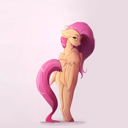 Size: 4000x4000 | Tagged: safe, artist:miokomata, fluttershy, pegasus, pony, semi-anthro, blushing, butt, colored hooves, dock, fangs, female, floppy ears, flutterbutt, freckles, freckleshy, grin, looking at you, looking back, looking back at you, looking over shoulder, mare, pink background, plot, signature, simple background, smiling, solo, white background