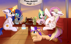 Size: 2000x1250 | Tagged: safe, artist:lunar froxy, oc, oc only, oc:free quill, oc:lunar frost, oc:mythic aura, oc:palm sway, oc:pings, beer bottle, birthday, birthday cake, cafe, cake, cellphone, female, food, male, mare, phone, smartphone, stallion