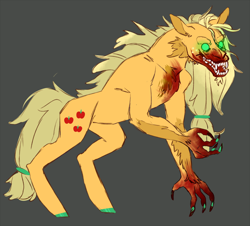 Size: 980x886 | Tagged: safe, artist:jellybeanbullet, applejack, earth pony, hengstwolf, pony, werewolf, blood, bloody, claws, colored claws, colored hooves, cutie mark, fangs, female, glowing eyes, gray background, green eyes, mare, simple background, solo, transformation