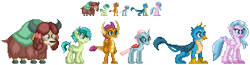 Size: 854x222 | Tagged: safe, artist:akumath, gallus, ocellus, sandbar, silverstream, smolder, yona, changedling, changeling, classical hippogriff, dragon, earth pony, griffon, hippogriff, pony, yak, dragoness, female, male, pixel art, simple background, sprite, student six, transparent background