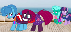 Size: 2340x1080 | Tagged: safe, artist:徐詩珮, fizzlepop berrytwist, glitter drops, spring rain, tempest shadow, twilight sparkle, twilight sparkle (alicorn), alicorn, unicorn, series:sprglitemplight diary, series:sprglitemplight life jacket days, series:springshadowdrops diary, series:springshadowdrops life jacket days, alternate universe, bisexual, broken horn, butthug, clothes, cute, equestria girls outfit, female, glitterbetes, glitterlight, glittershadow, horn, hug, lesbian, lifeguard, lifeguard spring rain, paw patrol, polyamory, shipping, sprglitemplight, spring rain is not amused, springbetes, springdrops, springlight, springshadow, springshadowdrops, swimsuit, tempestbetes, tempestlight, unamused