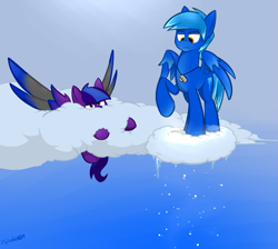 Size: 1065x955 | Tagged: safe, artist:flylash6009, oc, oc:graupel, oc:gust, pegasus, pony, cloud, colored wings, dog tags, duo, gradient mane, gradient tail, gradient wings, male, pegasus oc, sinking in the cloud, snow, stallion, weather ponies