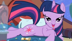 Size: 1280x720 | Tagged: safe, artist:tiarawhy, edit, screencap, twilight sparkle, pony, unicorn, bedroom eyes, bronybait, female, lidded eyes, lying on bed, mare, moaning, moaning in pleasure, open mouth, pillow, scroll, seductive pose, sexy, show accurate, solo, stupid sexy twilight
