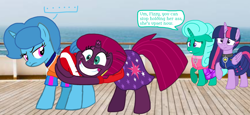 Size: 2340x1080 | Tagged: safe, artist:徐詩珮, fizzlepop berrytwist, glitter drops, spring rain, tempest shadow, twilight sparkle, twilight sparkle (alicorn), alicorn, unicorn, series:sprglitemplight diary, series:sprglitemplight life jacket days, series:springshadowdrops diary, series:springshadowdrops life jacket days, alternate universe, bisexual, broken horn, butthug, clothes, cute, dialogue, equestria girls outfit, female, glitterbetes, glitterlight, glittershadow, horn, hug, lesbian, lifeguard, lifeguard spring rain, paw patrol, polyamory, shipping, sprglitemplight, spring rain is not amused, springbetes, springdrops, springlight, springshadow, springshadowdrops, swimsuit, tempestbetes, tempestlight, unamused, vulgar