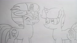 Size: 5312x2992 | Tagged: safe, artist:徐詩珮, fizzlepop berrytwist, spring rain, tempest shadow, pony, unicorn, broken horn, female, horn, lesbian, lineart, mare, shipping, springshadow, traditional art