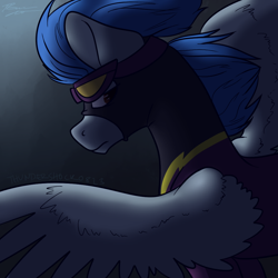 Size: 1000x1000 | Tagged: safe, artist:thundershock0823, nightshade, pegasus, pony, clothes, costume, female, goggles, mare, newbie artist training grounds, shadowbolts, shadowbolts costume, solo, wings