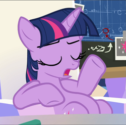 Size: 951x940 | Tagged: safe, screencap, twilight sparkle, twilight sparkle (alicorn), alicorn, sparkle's seven, belly, cropped, eyes closed, open mouth, sitting, solo