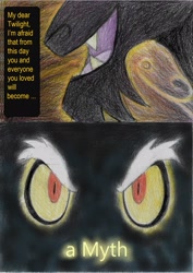 Size: 1640x2312 | Tagged: safe, artist:moonrises, grogar, comic:alternative ending, alternate scenario, comic, darkness, eye, eyes, implied twilight sparkle, ram, real grogar, smiling, traditional art