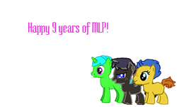 Size: 304x184 | Tagged: safe, artist:joeydr, oc, oc only, oc:atral arrow, oc:green byte, bat pony, earth pony, pony, unicorn, pony creator, colt, happy birthday mlp:fim, male, mlp fim's ninth anniversary, simple background, transparent background