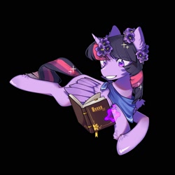 Size: 2000x2000 | Tagged: safe, artist:snowillusory, twilight sparkle, twilight sparkle (alicorn), alicorn, pony, black background, book, simple background, solo