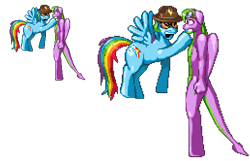 Size: 517x332 | Tagged: safe, artist:casetermk, rainbow dash, spike, anthro, dracony, dragon, hybrid, pegasus, pony, unguligrade anthro, anthro with ponies, female, flying, goggles, hat, male, mare, pixel art, simple background, species swap, sunglasses, transparent background, wide eyes