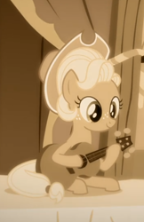 Size: 462x712 | Tagged: safe, screencap, applejack, earth pony, pony, sparkle's seven, apple chord, cropped, cute, guitar, jackabetes, musical instrument, sitting, solo