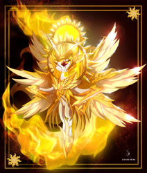 Size: 4400x5192 | Tagged: safe, artist:zidanemina, daybreaker, alicorn, absurd resolution, armor, black background, black sclera, crossover, knights of the zodiac, looking at you, multiple wings, saint seiya, simple background, solo, wings