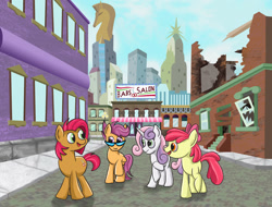 Size: 1280x973 | Tagged: safe, artist:keenkris, apple bloom, babs seed, scootaloo, sweetie belle, earth pony, pegasus, pony, unicorn, city, crystaller building, cutie mark crusaders, female, filly, glasses, manehattan, ruins, salon, scissors