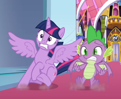 Size: 814x669 | Tagged: safe, screencap, spike, twilight sparkle, twilight sparkle (alicorn), alicorn, dragon, sparkle's seven, cropped, duo, skidding, spread wings, winged spike, wings