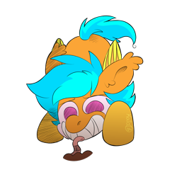 Size: 1000x1000 | Tagged: safe, artist:loopdalamb, oc, oc:citrine slush, bat, bat pony, vampire, worm, blue, chibi, crying, cute, fluffy, food, fruit, looking, orange, pink, sad, shading, solo, vent