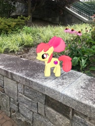 Size: 3024x4032 | Tagged: safe, photographer:undeadponysoldier, apple bloom, earth pony, pony, appalachian state university, augmented reality, bow, college, female, filly, flower, gameloft, irl, photo, ponies in real life, solo