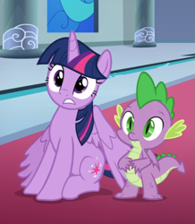 Size: 595x682 | Tagged: safe, screencap, spike, twilight sparkle, twilight sparkle (alicorn), alicorn, dragon, sparkle's seven, cropped, duo, sitting, winged spike, wings