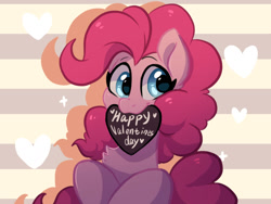 Size: 1600x1200 | Tagged: safe, artist:colorfulcolor233, pinkie pie, earth pony, pony, bust, chest fluff, cute, diapinkes, female, heart, holiday, hooves to the chest, looking away, mare, mouth hold, portrait, smiling, solo, valentine's day